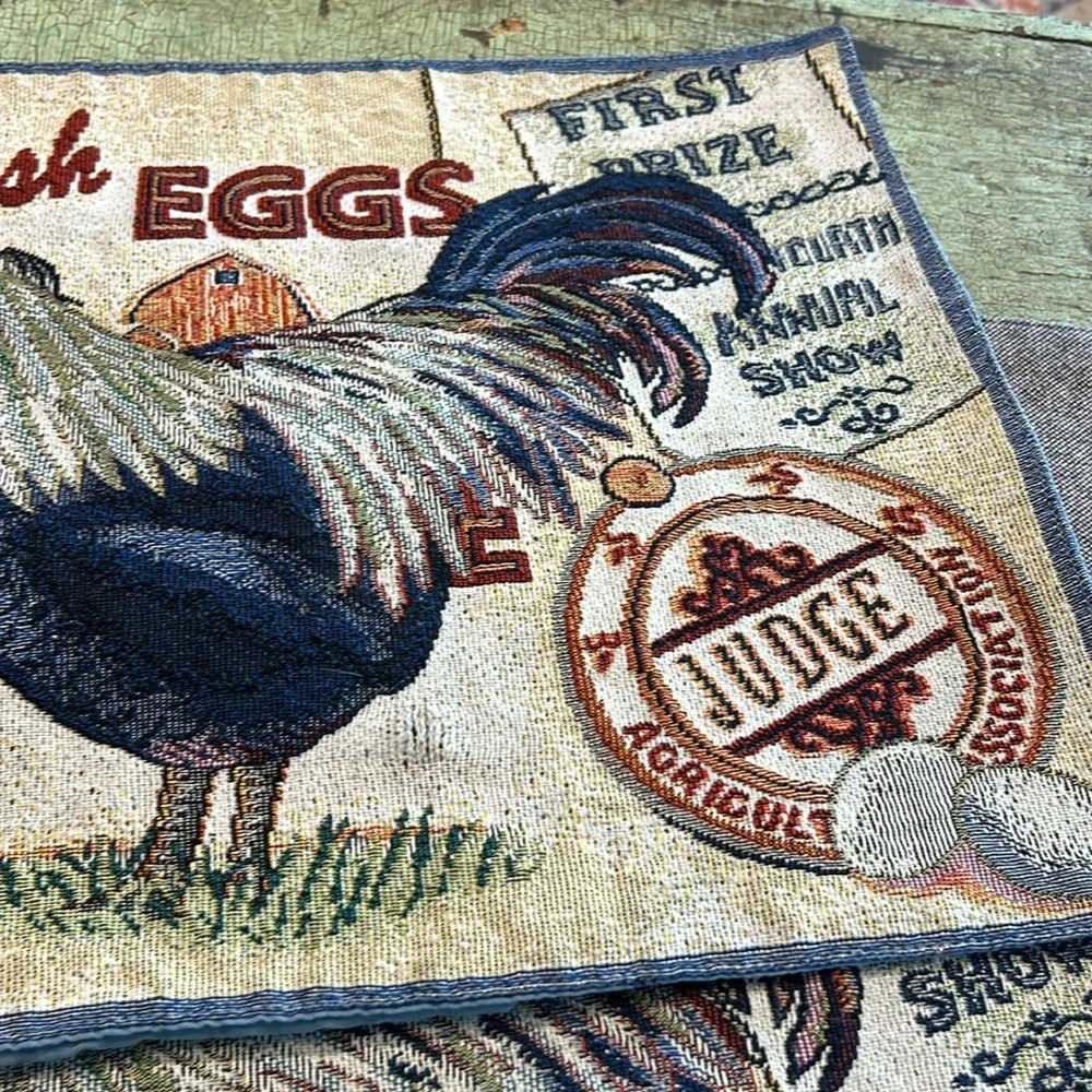 Farmhouse Rooster Tapestry Placemat decor COUNTRY FRESH EGGS Rooster Blue Ribbon